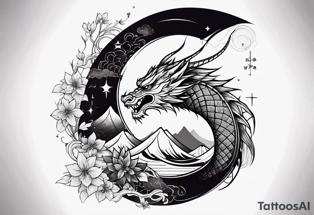 Full sleeve Tatoo that contains these elements 
Katana, Dragon, Samurai, Galaxy,Geometry ( like the golden ratio, lines, etc),Waves,Sakura tattoo idea