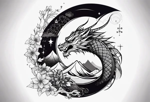 Full sleeve Tatoo that contains these elements 
Katana, Dragon, Samurai, Galaxy,Geometry ( like the golden ratio, lines, etc),Waves,Sakura tattoo idea