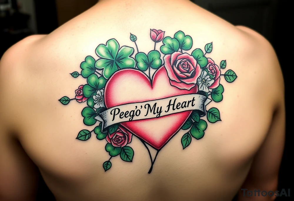 Bunch of Green shamrocks & a few red roses with a big Pink heart and a banner across the heart that says " Peg'o My Heart" tattoo idea