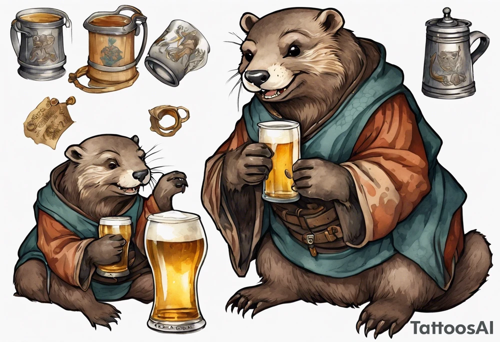 a medieval otter-bear hybrid wearing a tunic and drinking from a pewter mug of beer in a tavern, laughing tattoo idea