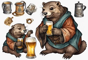 a medieval otter-bear hybrid wearing a tunic and drinking from a pewter mug of beer in a tavern, laughing tattoo idea