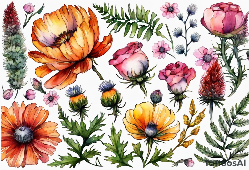 wildflowers with thistles, ferns, white flowers, pink flowers, burnt orange flowers, red flowers and yellow flowers all in watercolor tattoo idea