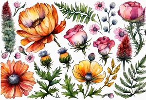 wildflowers with thistles, ferns, white flowers, pink flowers, burnt orange flowers, red flowers and yellow flowers all in watercolor tattoo idea