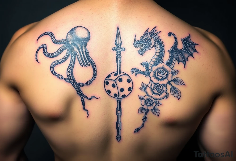 squid, knight and dragon combined with chains, tree roots, cherry blossoms and roses rolling dice tattoo idea