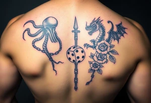 squid, knight and dragon combined with chains, tree roots, cherry blossoms and roses rolling dice tattoo idea