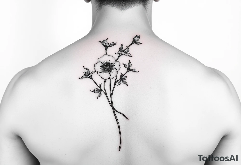 larkspur + hawthorne sleave tattoo, red ink. just the line art, no human mock-up
. tattoo idea