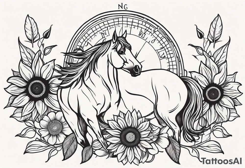 Horse, compass, sunflower tattoo idea
