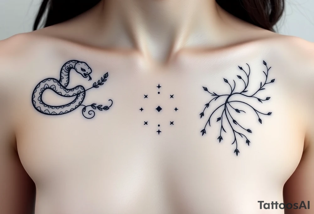 "Design a symbolic, artistic black-ink chest tattoo that spans both collarbones. On the left collarbone, depict a snake gracefully wrapped and coiled around the bone, its head resting near the center of the chest. From the snake’s mouth, instead of venom, delicate leaves are flowing outward — symbolizing letting go, surrender, and release. In the center of the chest, where the sternum lies, include subtle symbolic elements representing trust in the universe — like stars, a tiny spiral, or a soft sunburst — signifying alignment and faith. On the right collarbone, continue the story: flowing lines or abstract shapes that radiate resilience, strength, and hope — suggesting a journey or upward growth, like branches or a phoenix rising. The style should be elegant, fine-line, and minimalistic, yet deeply artistic and symbolic. The design should blend with the natural shape of the collarbones and sternum, evoking quiet power and inner transformation. Light skin tone, soft natural lighting." tattoo idea