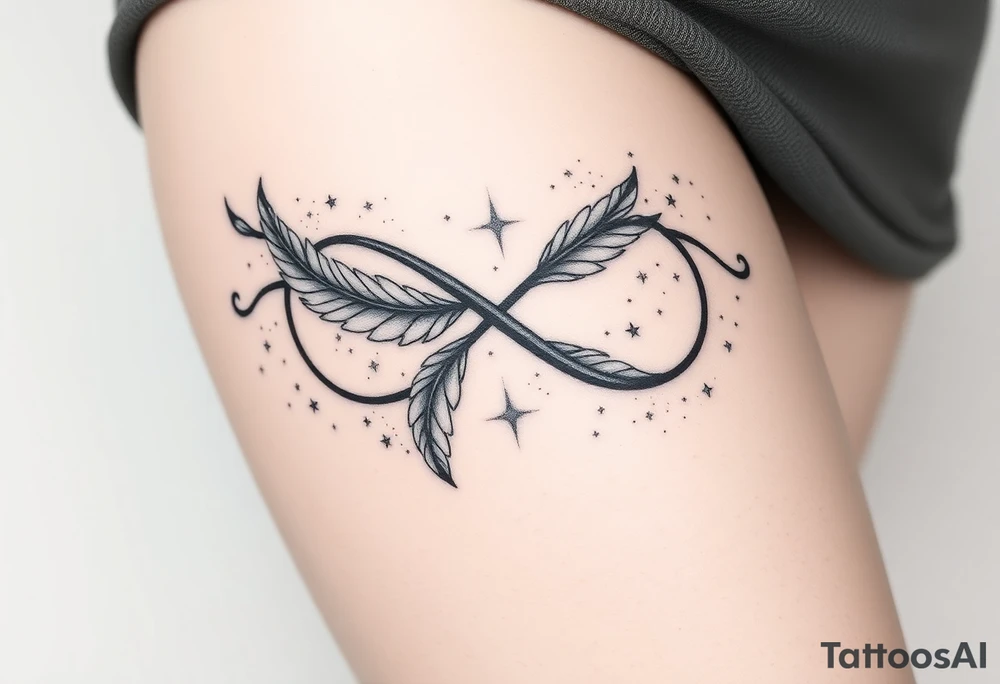 infinity symbol woven with floating feathers and stardust tattoo idea