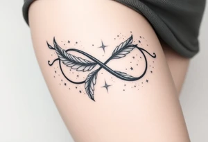 infinity symbol woven with floating feathers and stardust tattoo idea