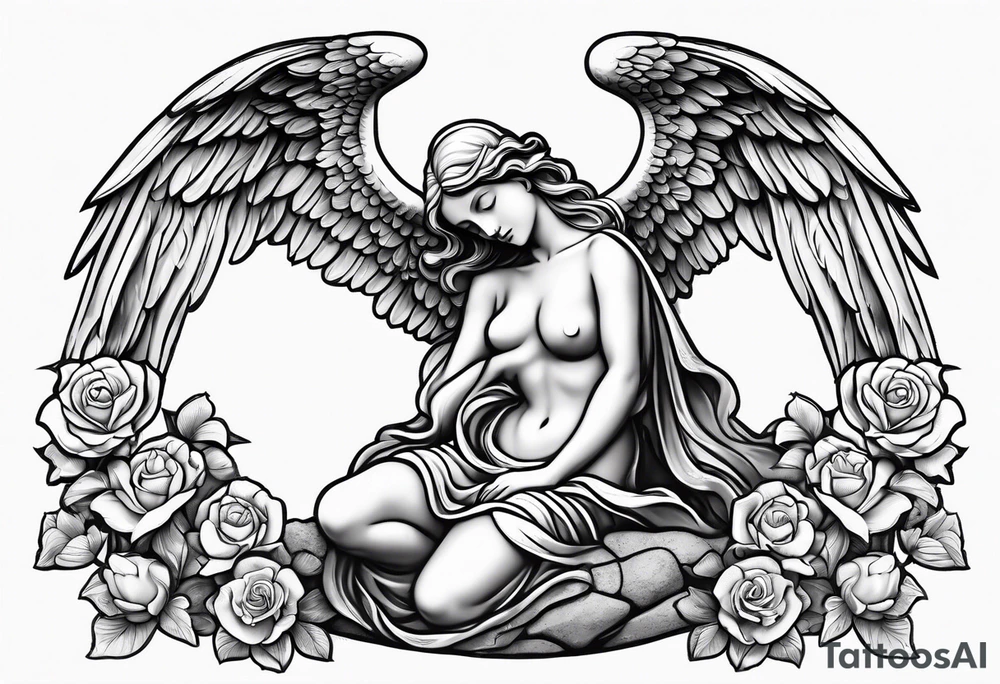 Simple Angel statue stood on a rock with daffodils and roses wrapped around its legs tattoo idea