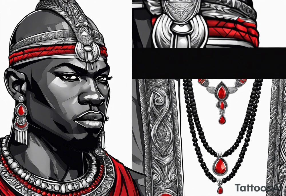 Black-skinned bald african warrior. He is a god of the war. Wears a simple red necklace and a silver crown tattoo idea