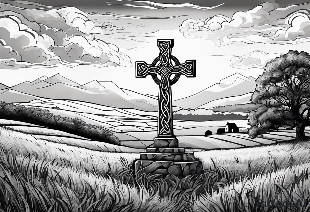 A stone Celtic cross, standing alone in a field, with a raven perched on the arm of the cross tattoo idea