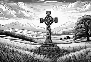 A stone Celtic cross, standing alone in a field, with a raven perched on the arm of the cross tattoo idea