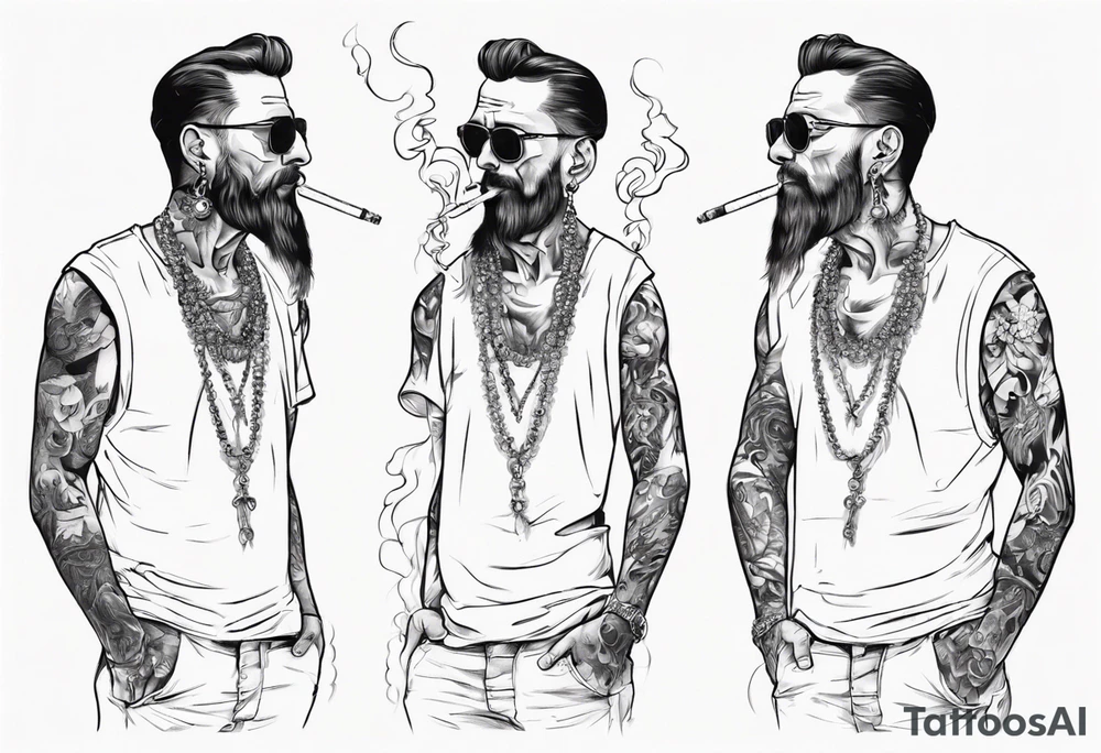 one full-length man with earrings in his ears standing there smoking a cigarette. tattoo idea