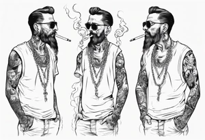 one full-length man with earrings in his ears standing there smoking a cigarette. tattoo idea