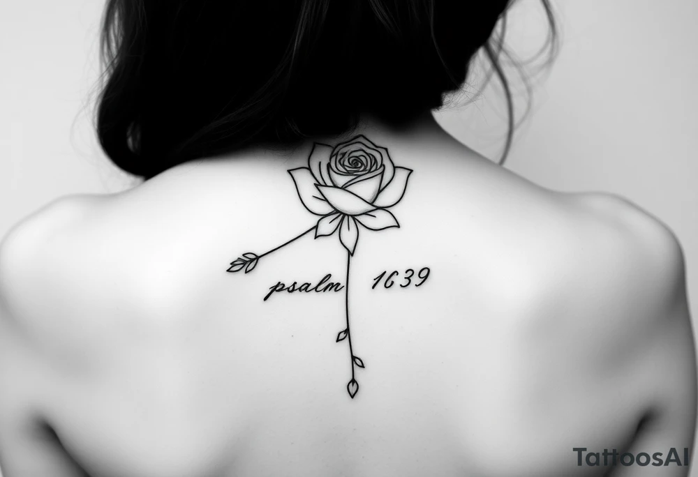 Fine line rose flower intertwined with a daisy with the daisy pedals falling down the middle of the back. Also include the words psalm 139 and even there connected to the flowers by dots tattoo idea