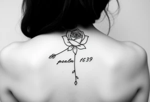 Fine line rose flower intertwined with a daisy with the daisy pedals falling down the middle of the back. Also include the words psalm 139 and even there connected to the flowers by dots tattoo idea