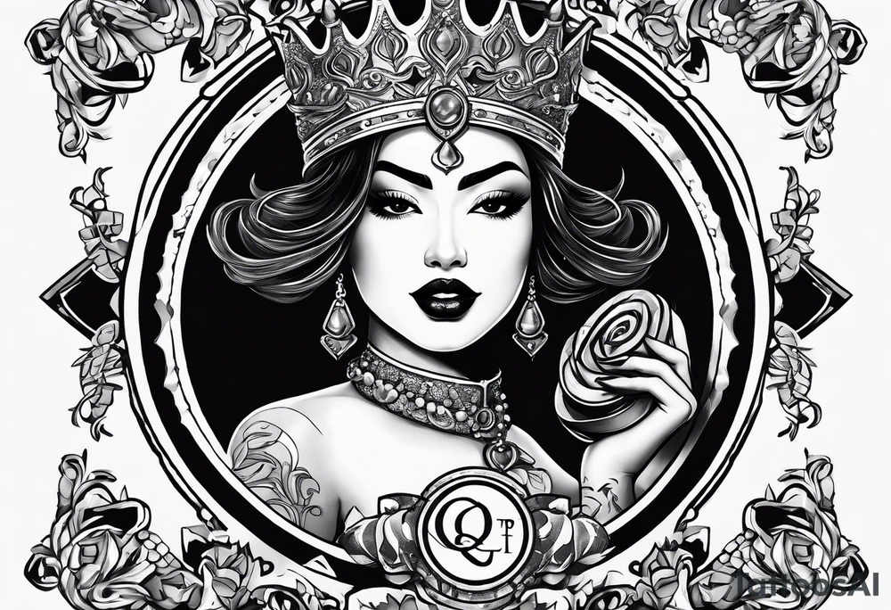 Latina Queen ahegao, drooling, happy, Spade Symbol with letter Q in the center of the spade framed, surrounded by whitespace hentai tattoo idea