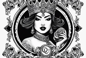 Latina Queen ahegao, drooling, happy, Spade Symbol with letter Q in the center of the spade framed, surrounded by whitespace hentai tattoo idea