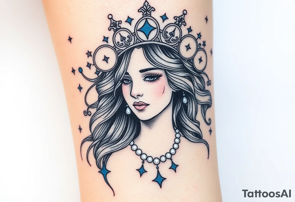 A regal Virgo queen with an intricate celestial headdress, adorned with silver moons, deep blue stars, and delicate pearls tattoo idea