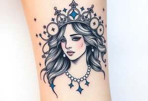 A regal Virgo queen with an intricate celestial headdress, adorned with silver moons, deep blue stars, and delicate pearls tattoo idea