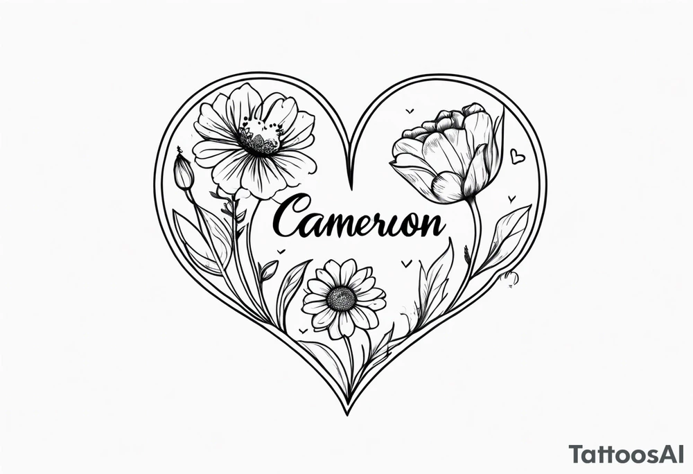 Heart with September birth flowers with the name Cameron and the time 8:34am tattoo idea