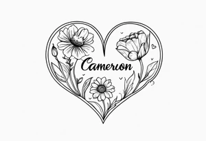 Heart with September birth flowers with the name Cameron and the time 8:34am tattoo idea