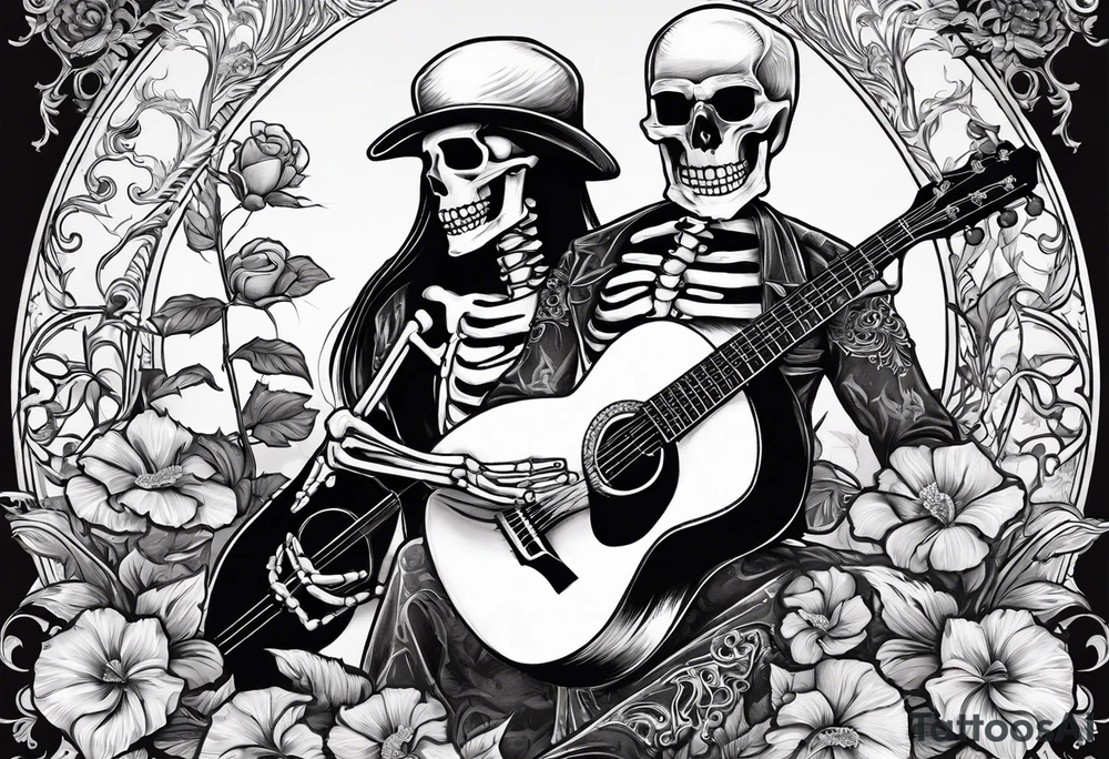 two skeletons. a female skeleton with hibiscus flower listening to a male skeleton play guitar . western style tattoo idea