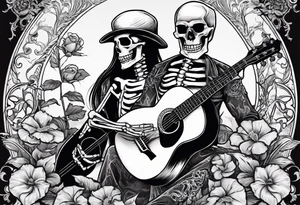 two skeletons. a female skeleton with hibiscus flower listening to a male skeleton play guitar . western style tattoo idea