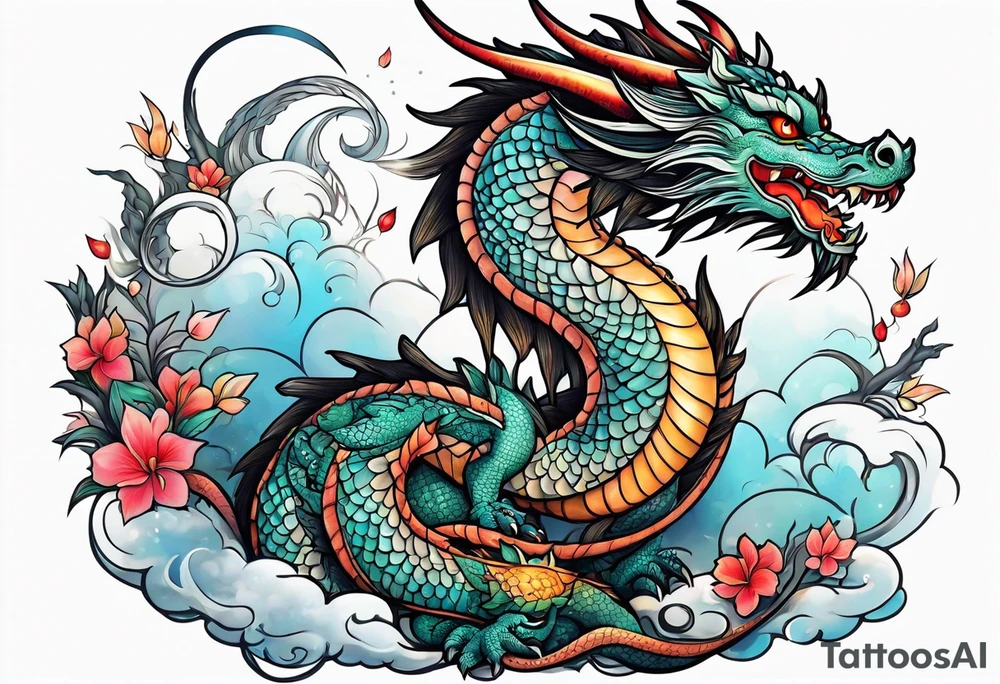 Japanese female Dragon cute, celestial, cross tattoo idea