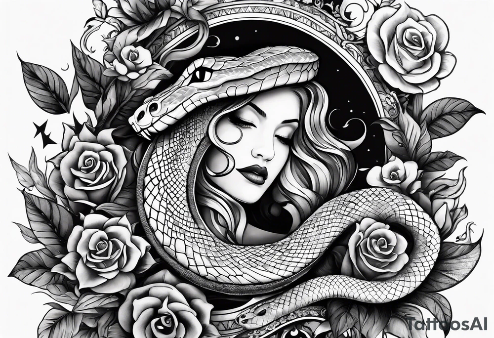 A long tattoo that includes a snake, books, stars and poisonous flowers tattoo idea