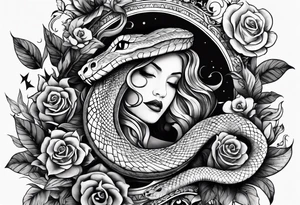 A long tattoo that includes a snake, books, stars and poisonous flowers tattoo idea