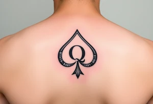 A spade womb tattoo with a Q in the center, with three points around the outside. The first reading, "BLACK". The second reading, "BABY". The third reading, "ONLY". tattoo idea