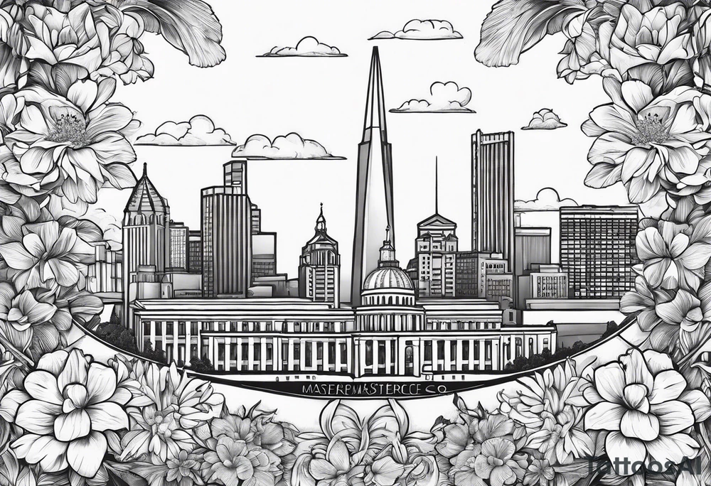 saint louis city skyline over a banner surrounded by flowers tattoo idea