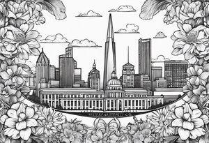 saint louis city skyline over a banner surrounded by flowers tattoo idea