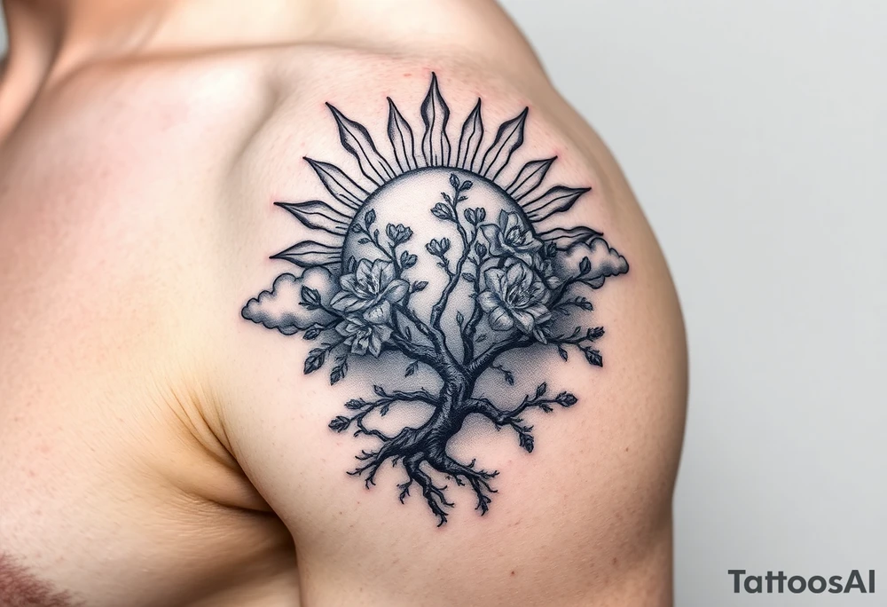 sun 
 surrounding by clouds, tree blooming with flowers on the shoulder tattoo idea