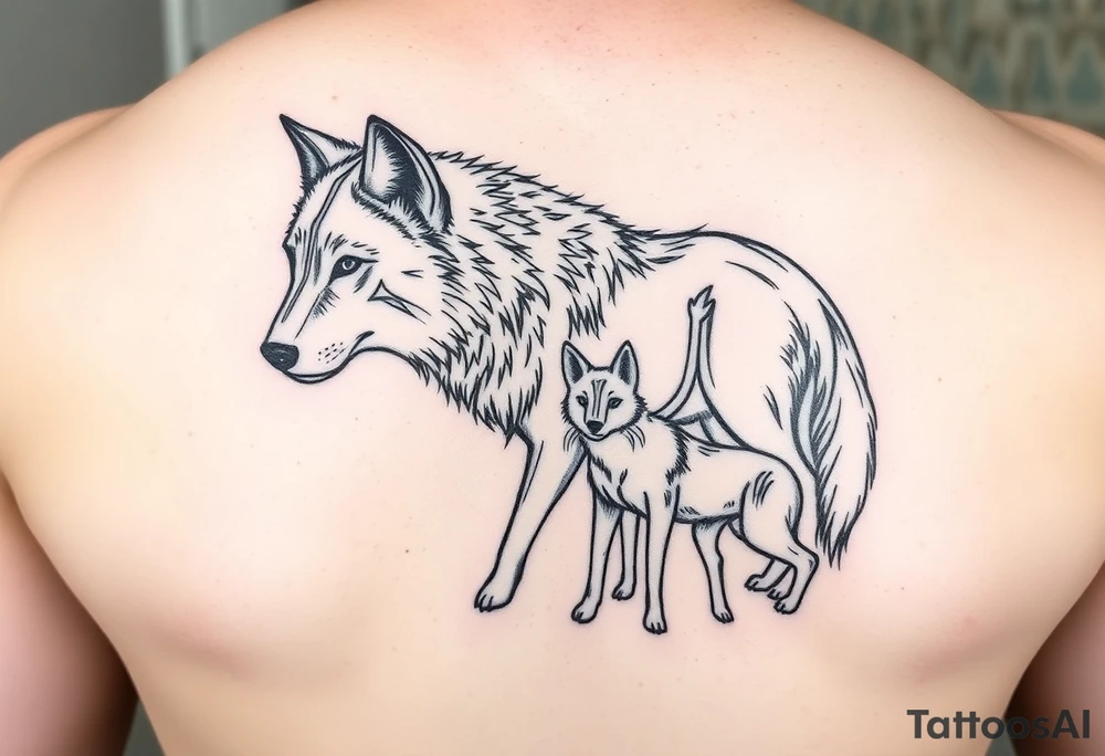 A solitary yet sublime and noble wolf and its progeny. tattoo idea