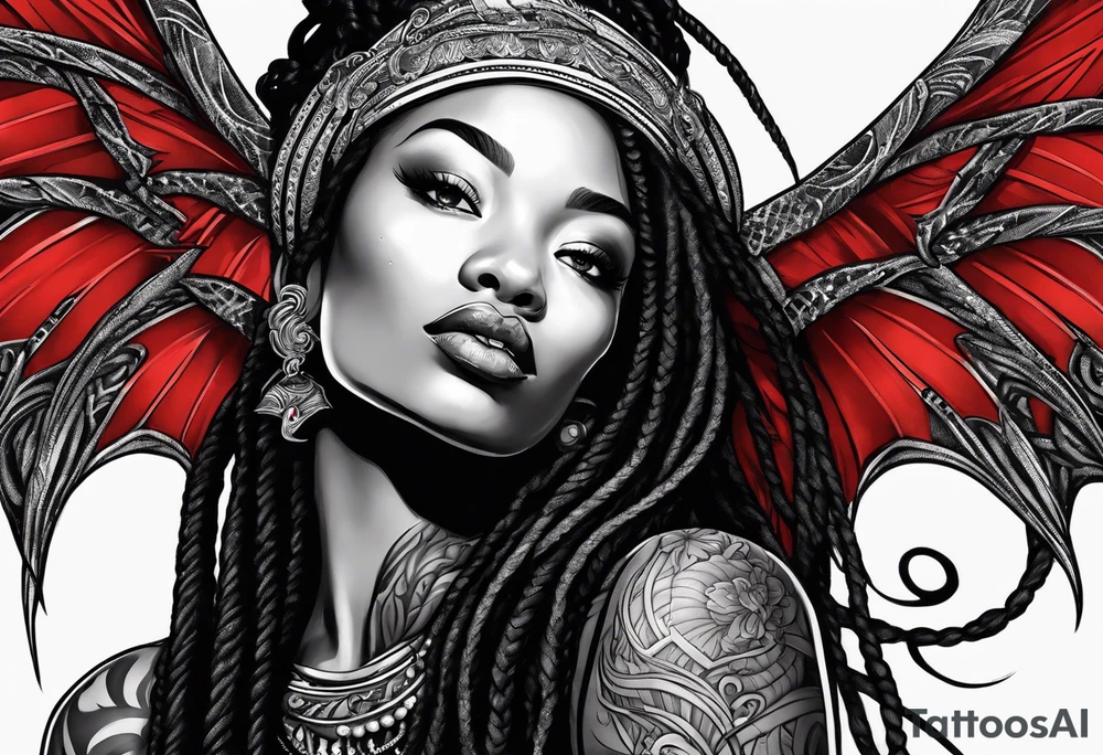 Red dragon behind black woman with dreadlocks tattoo idea