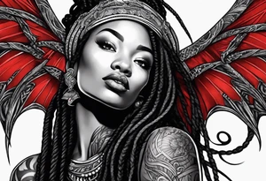 Red dragon behind black woman with dreadlocks tattoo idea