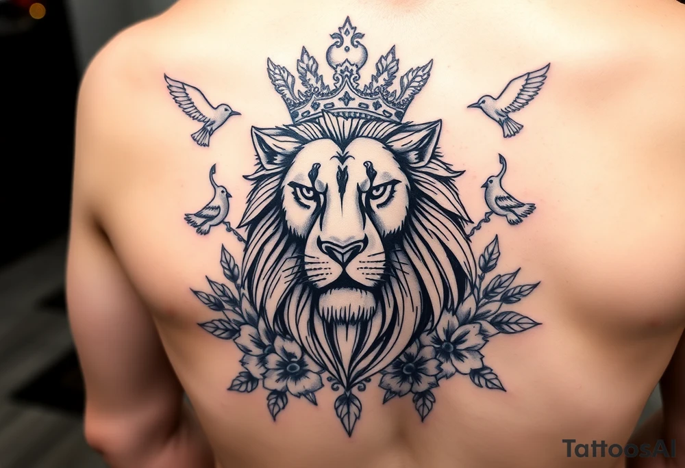 powerful majestic lion with a crown, surrounded by floral ornaments and birds tattoo idea