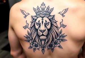 powerful majestic lion with a crown, surrounded by floral ornaments and birds tattoo idea