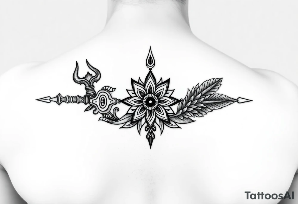 Intricate Hindu spiritual arm band tattoo featuring Lord Shiva’s Trishul as the central element, with one prong designed as Hanuman’s Gada and the other adorned with Shri Krishna’s peacock feather, a detailed Shiva Damru placed at the center of the Trishul, fine line art with black ink, symmetrical design wrapping around the arm, traditional Indian sacred motifs, dotwork and shading for depth, highly detailed, divine and powerful aesthetic" tattoo idea