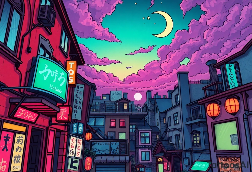 Tim Burton’s haunted pastel Tokyo apartment from the street view is littered in neon signs and dripping with muted reds, dusty pinks, and eerie green glow.purple and cyan smokey clouds swirl in the crescent moonlit sky thats sprinkled with stars tattoo idea tattoo idea