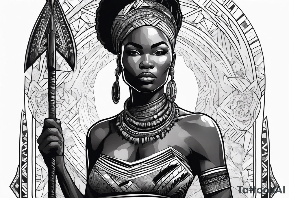 African woman warrior with tribe scars holding a spear with animals in the background tattoo idea
