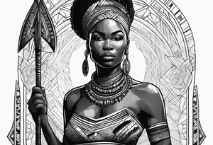 African woman warrior with tribe scars holding a spear with animals in the background tattoo idea