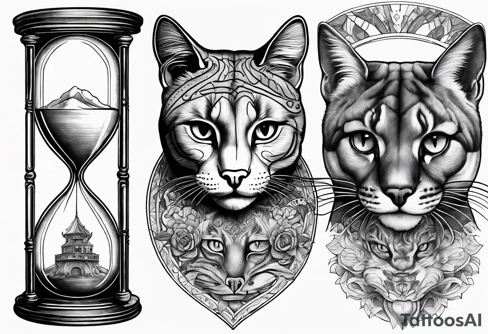 Brain in sagittal section and cougar cat face inside hourglass. Brain in lower level, coguar in an upper level tattoo idea