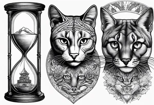 Brain in sagittal section and cougar cat face inside hourglass. Brain in lower level, coguar in an upper level tattoo idea