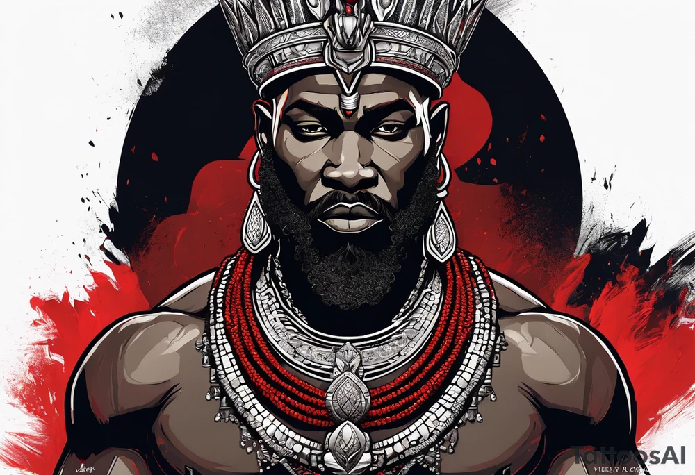 african god of war,  wearing a small metalic silver crown and wearing a red necklace tattoo idea