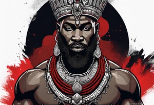 african god of war,  wearing a small metalic silver crown and wearing a red necklace tattoo idea